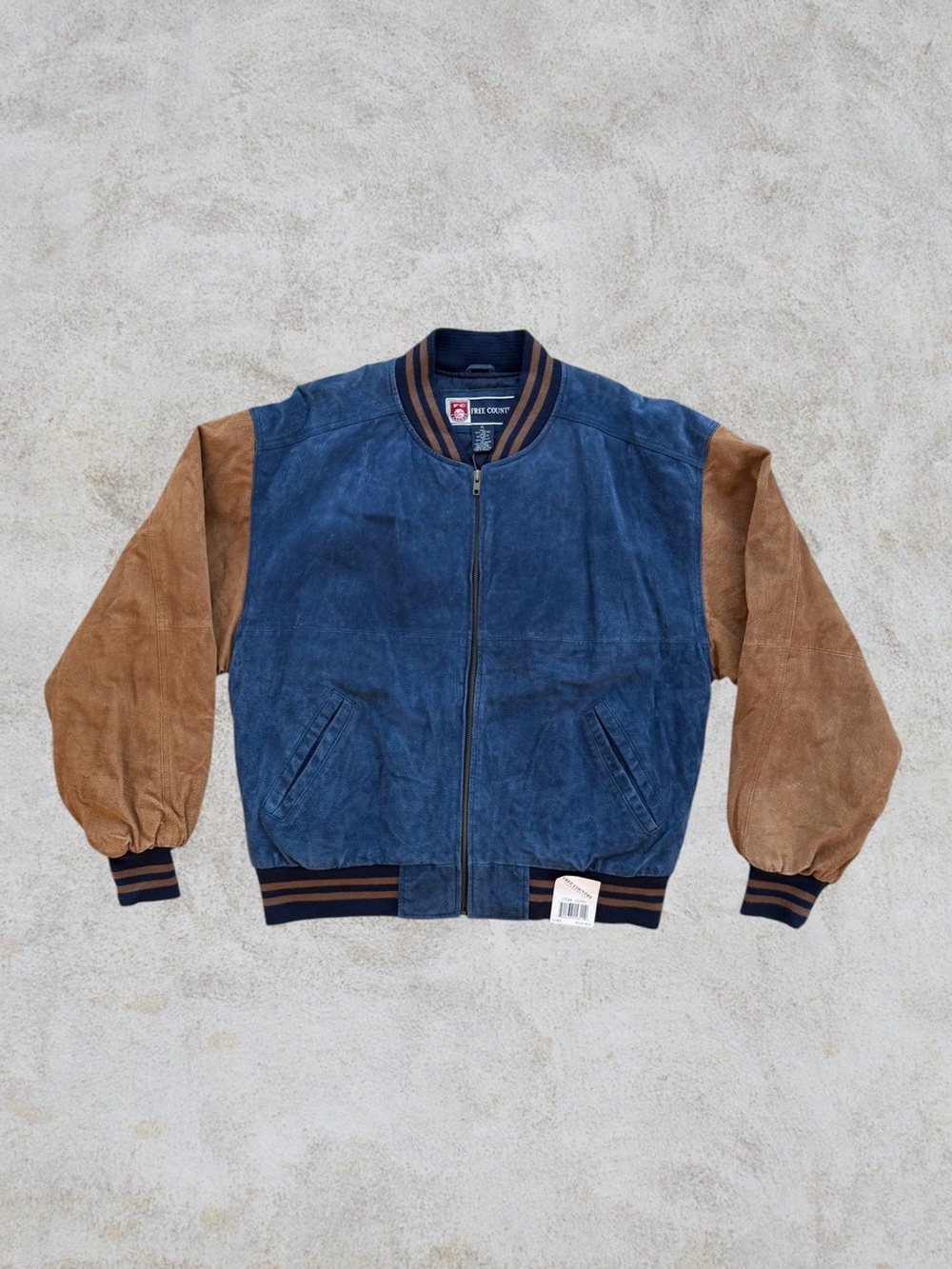 Free Country Navy Blue and Brown Suede Leather Varsity Bomber Jacket ~ Men’s XL